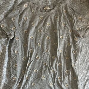 Lucky Brand Gray Tee with White and Yellow Daisy Embroidery